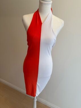 Red & White Halter Colorblock Dress